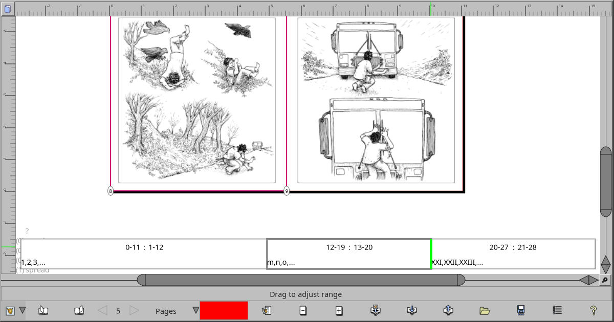 Screenshot showing the Page Range bar, 3 segments with each having a different page label type.